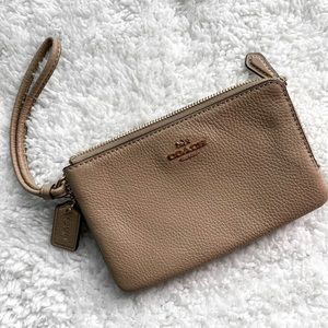 Coach Brown / Beige Leather Double Corner Zip Wristlet